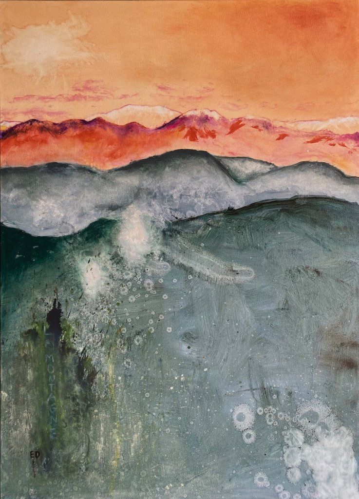 "Derniers feux en montagne", série "Montagne", huile sur toile, 73x100 cm, 2024